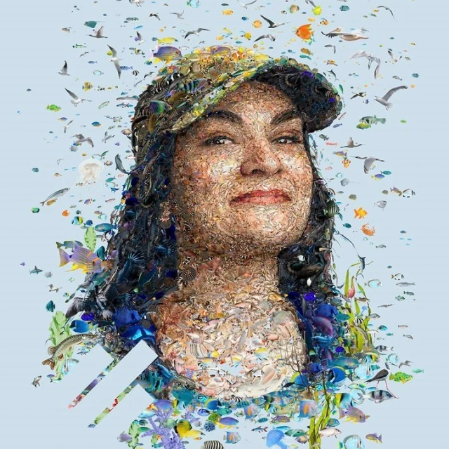 Digital art portrait of a woman composed of fish and birds, wearing a hat, on a light blue background, showcasing collage and illustration techniques.